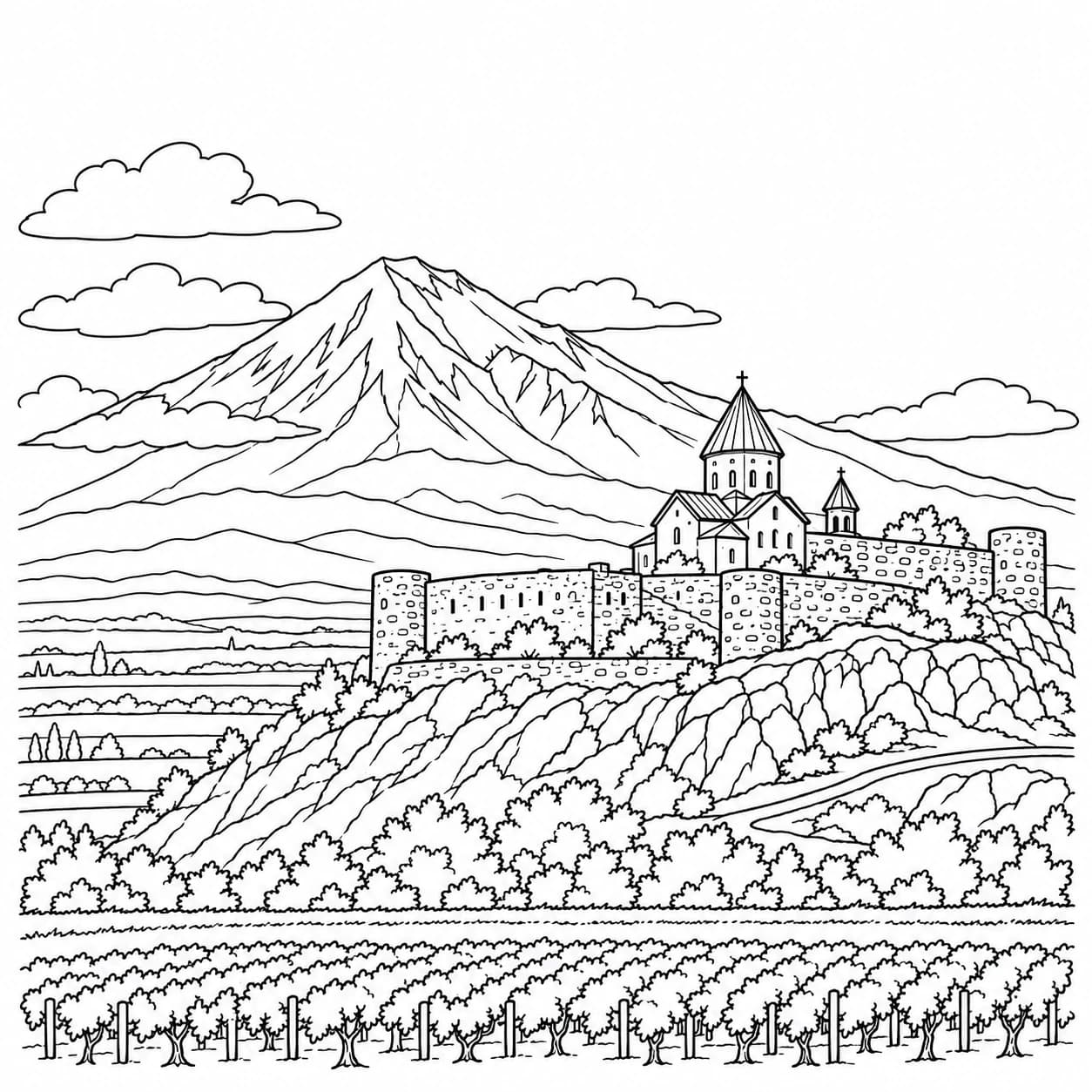 Coloring: Armenia coloring page: monastery below Mount Ararat