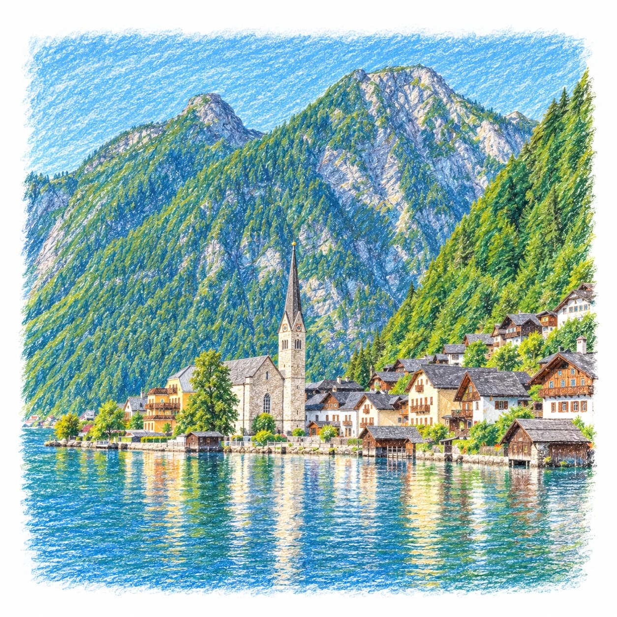 Colored model: Austria coloring page: lakeside village and Alps