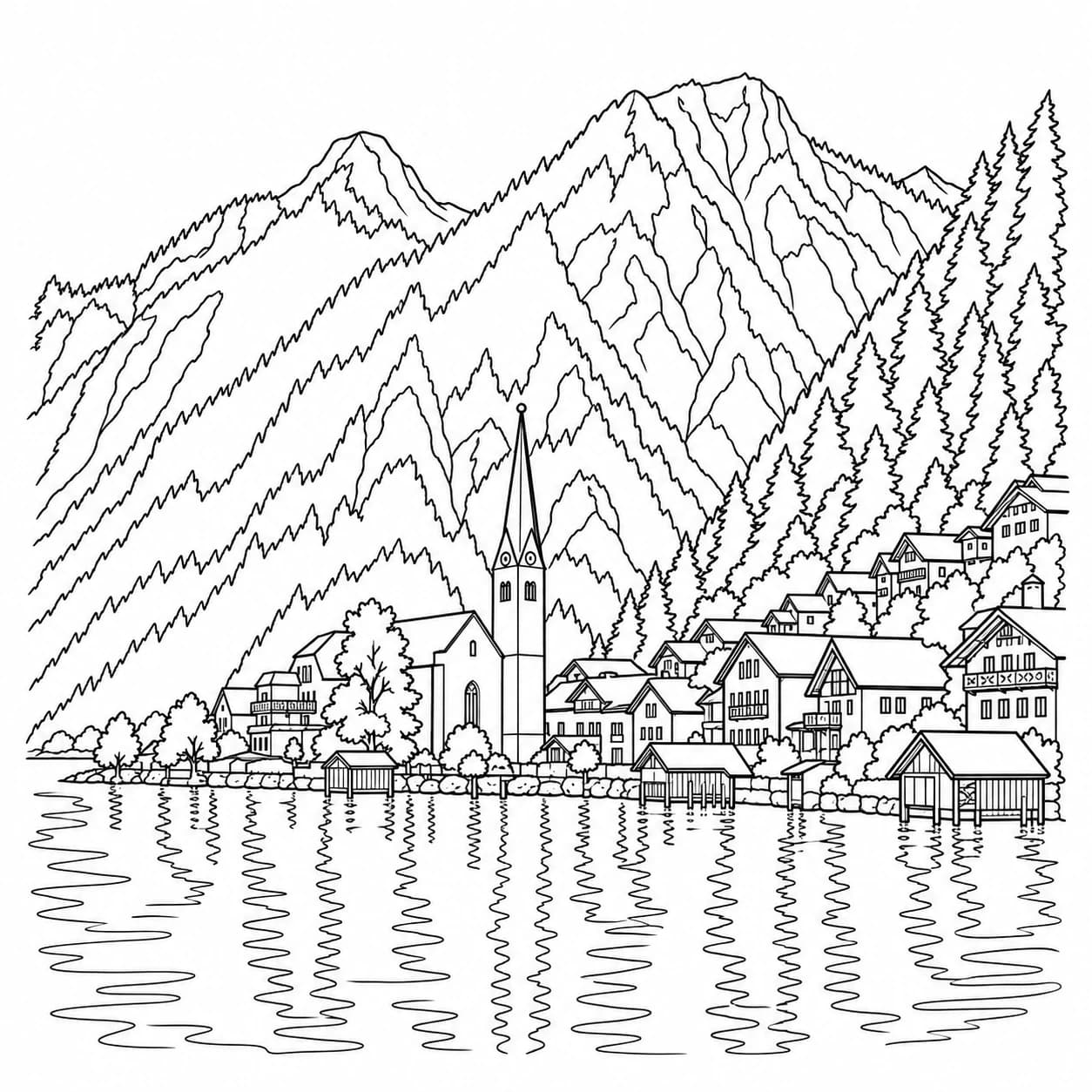 Coloring: Austria coloring page: lakeside village and Alps