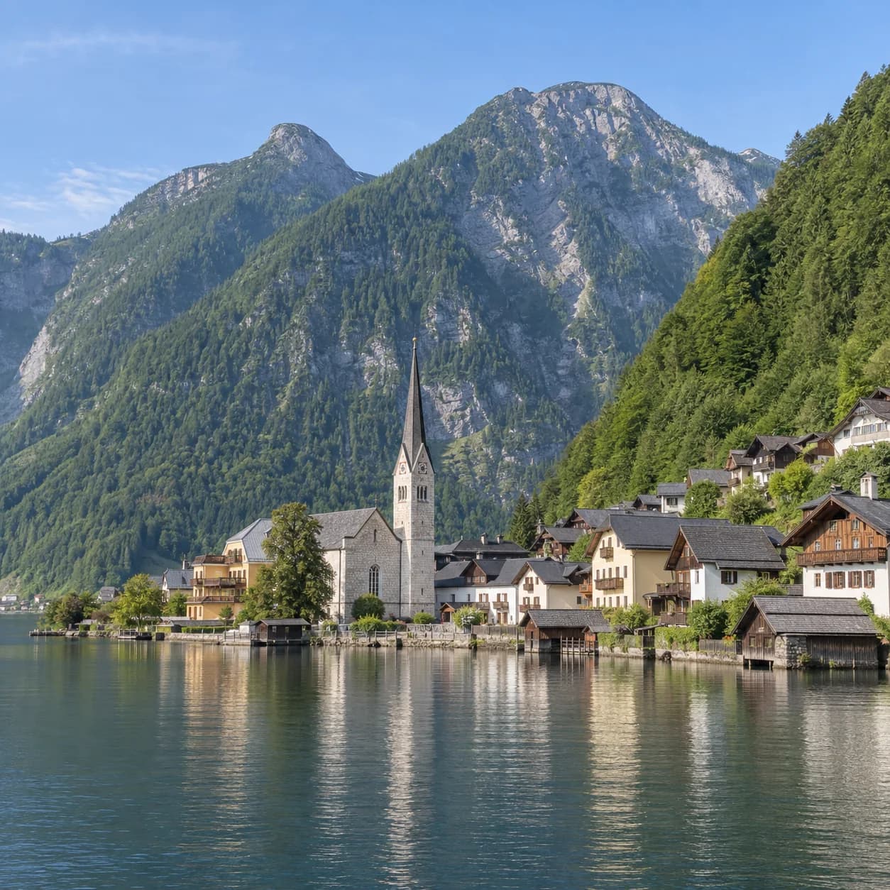 Realistic source: Austria coloring page: lakeside village and Alps
