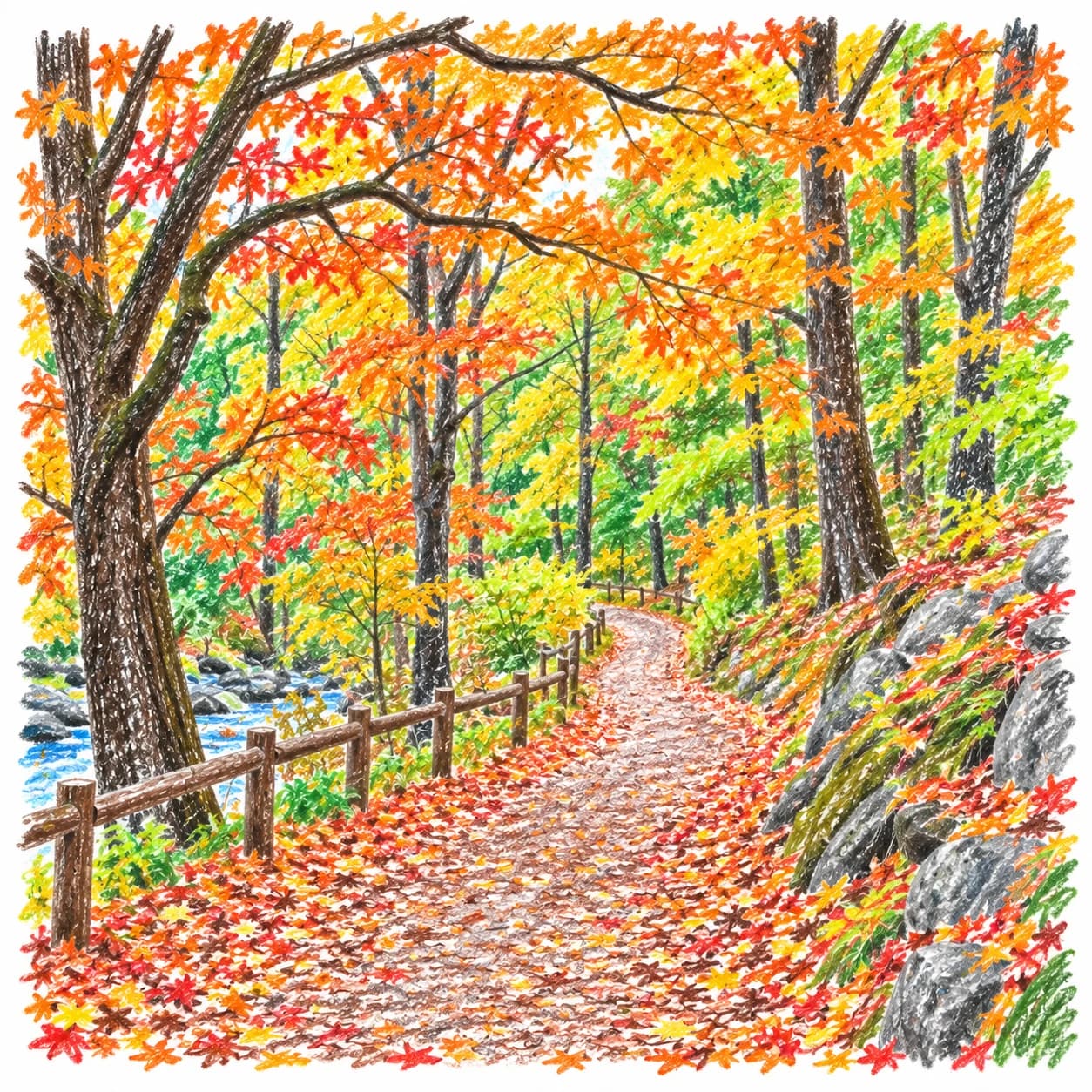 Modèle colorié: Coloriage de forêt en automne