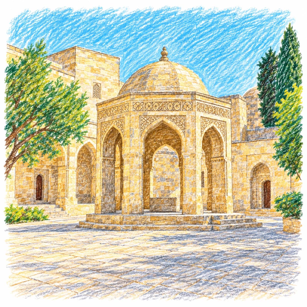 Modèle colorié: Coloriage de l'Azerbaïdjan : pavillon de pierre à coupole