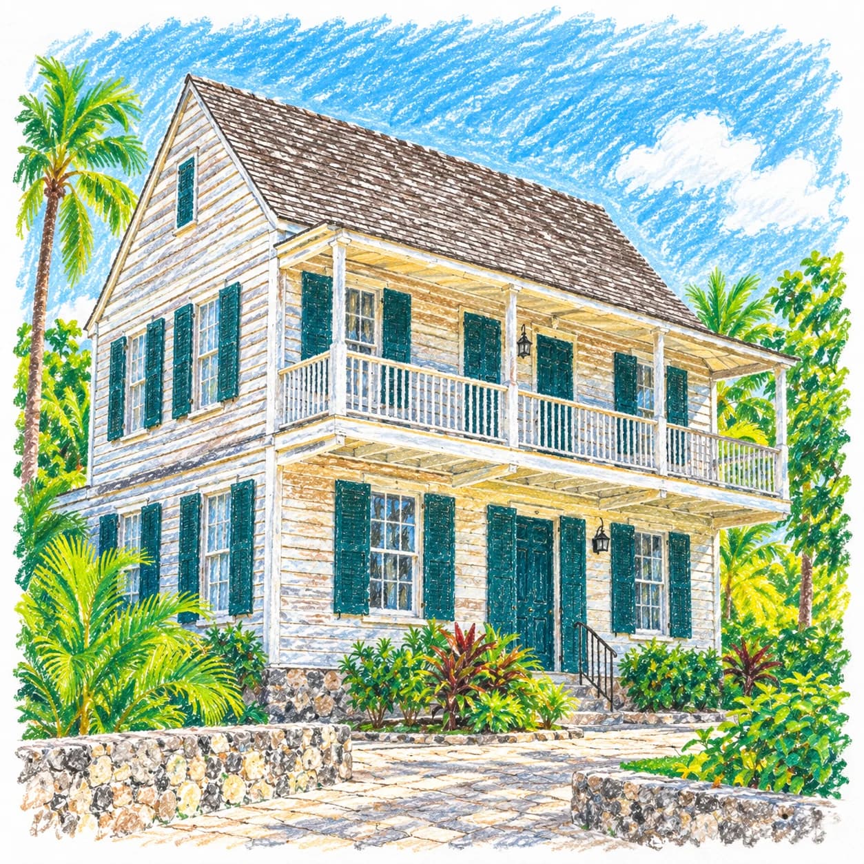 Colored model: Bahamas coloring page: wooden house with shutters