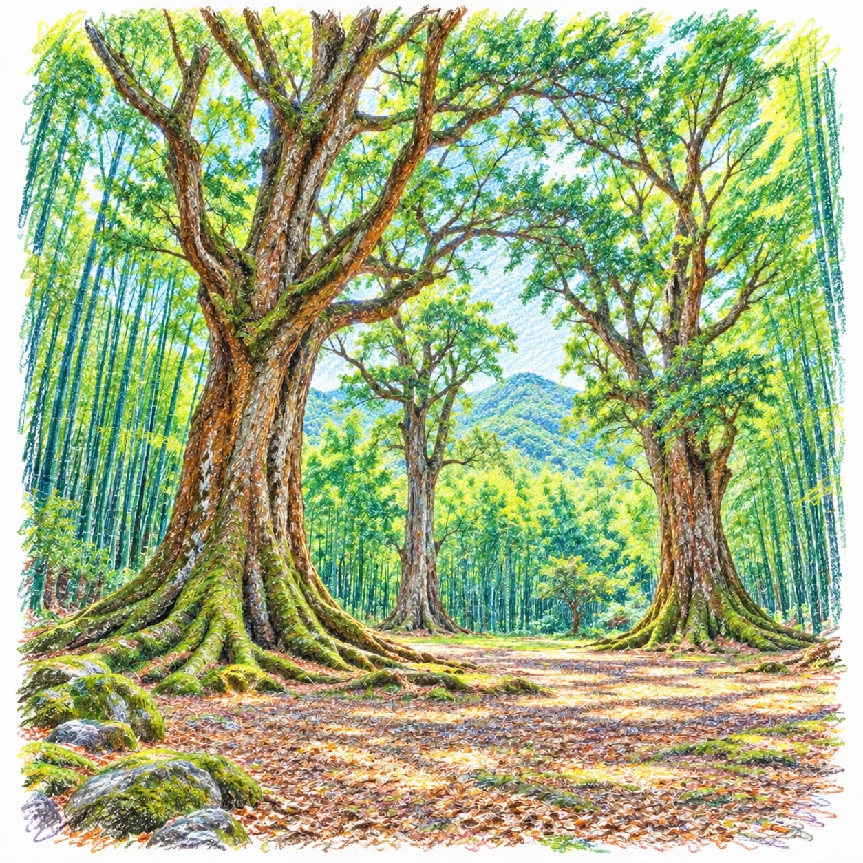 Modèle colorié: Coloriage d'une forêt de bambous : clairière ancienne