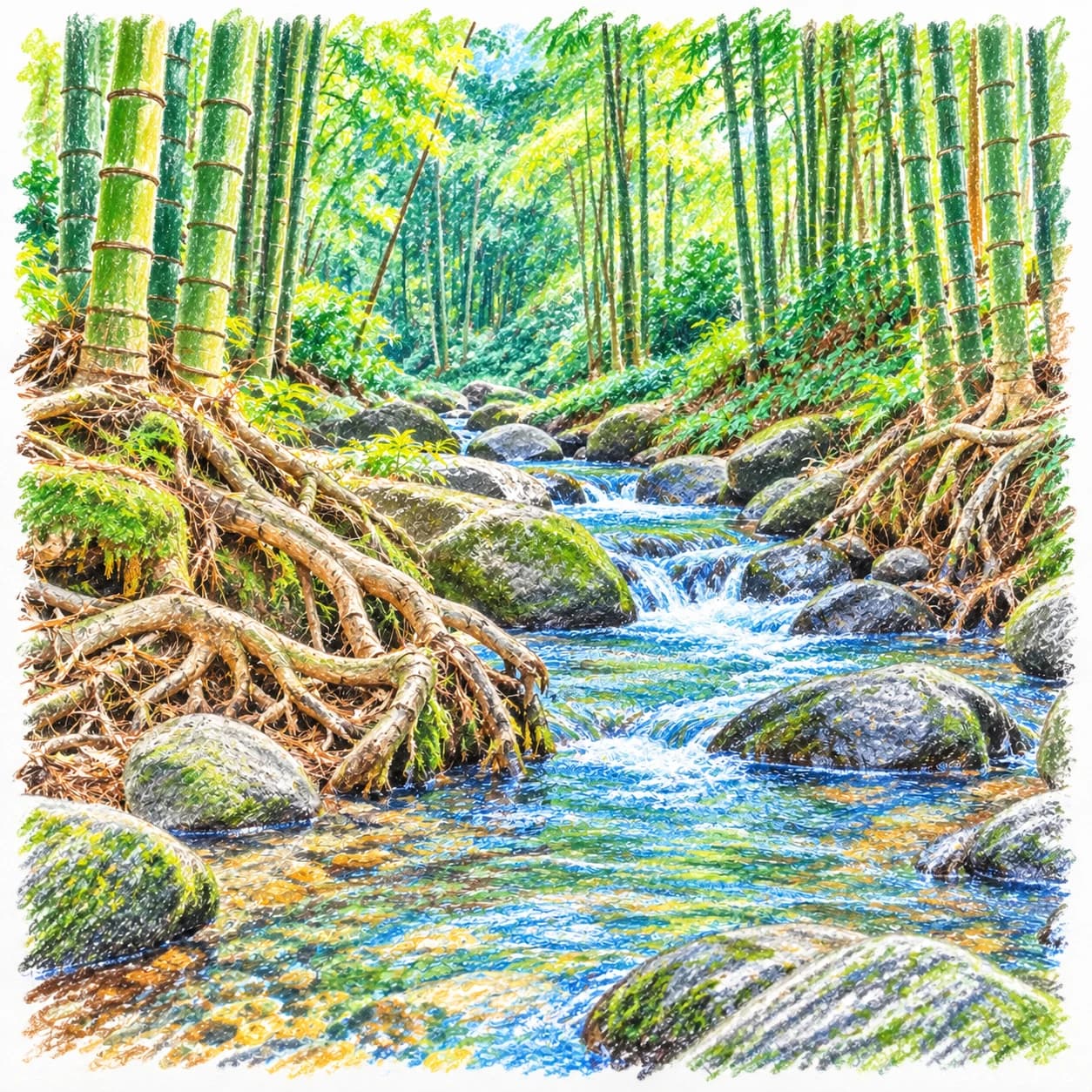 Modèle colorié: Coloriage d'une forêt de bambous : ruisseau limpide