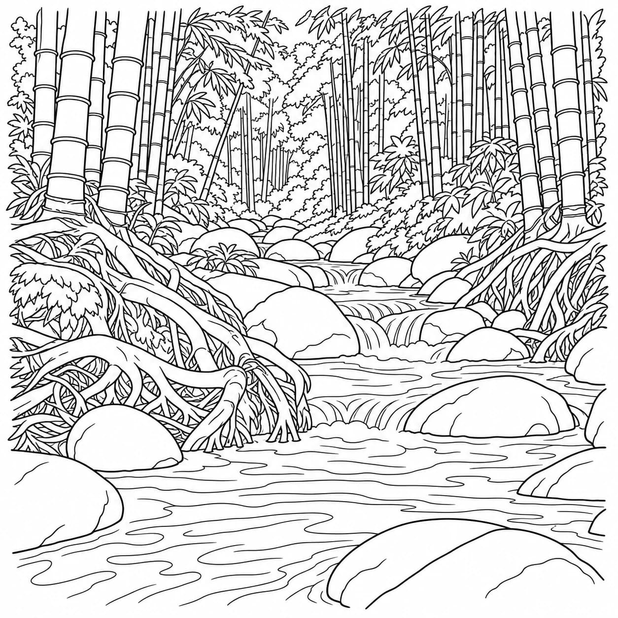Coloriage: Coloriage d'une forêt de bambous : ruisseau limpide