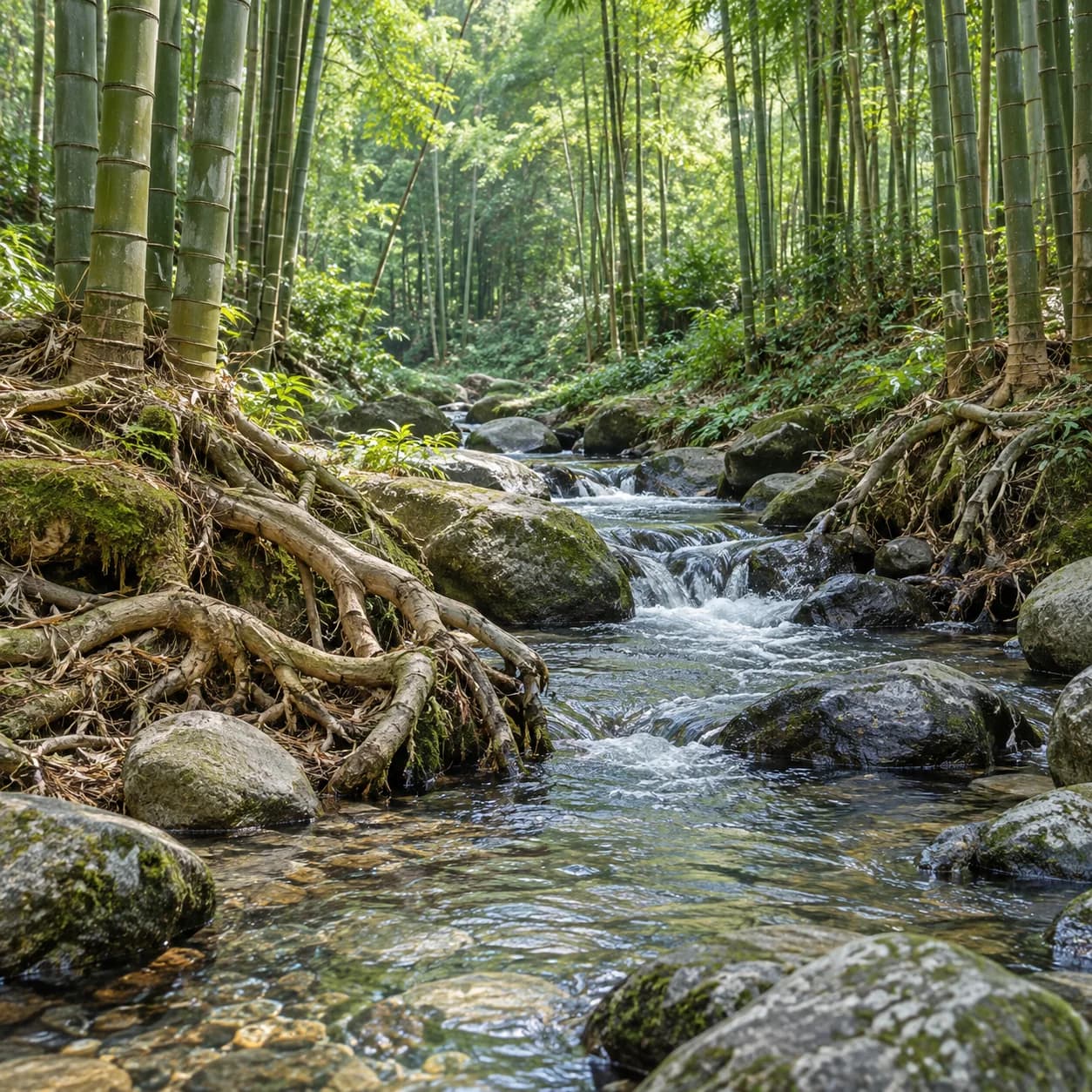 Photo réaliste: Coloriage d'une forêt de bambous : ruisseau limpide