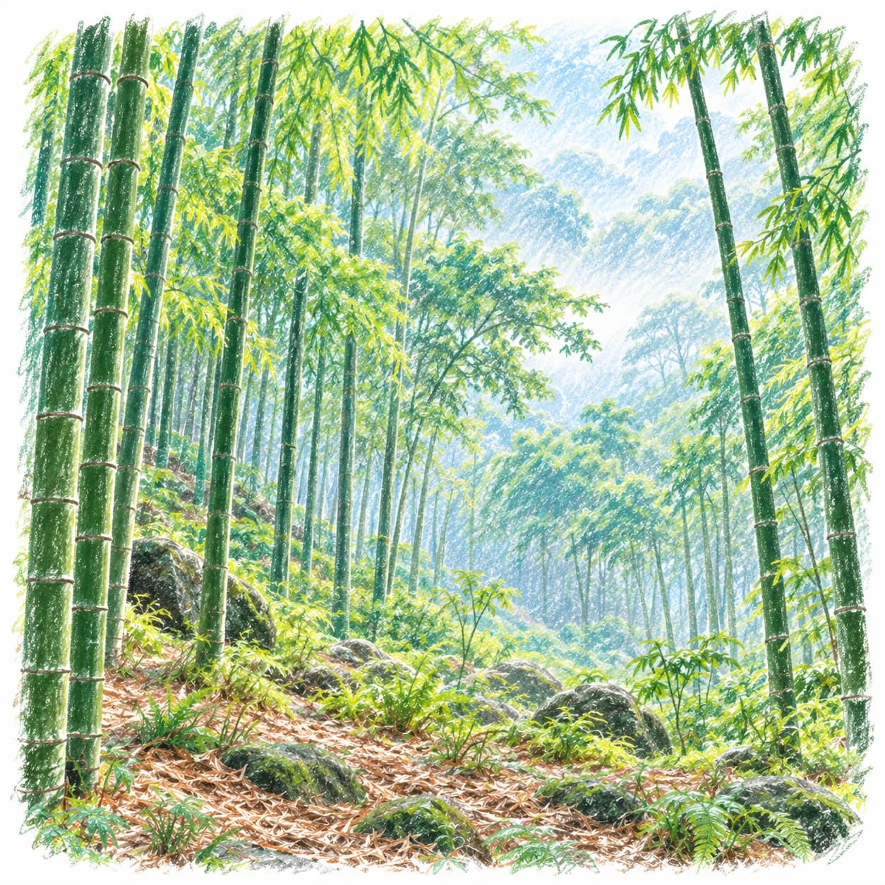 Modèle colorié: Coloriage d'une forêt de bambous : canopée brumeuse