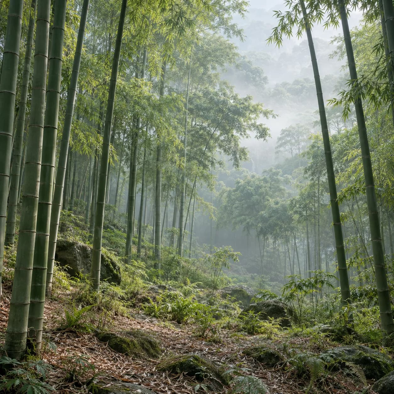 Photo réaliste: Coloriage d'une forêt de bambous : canopée brumeuse