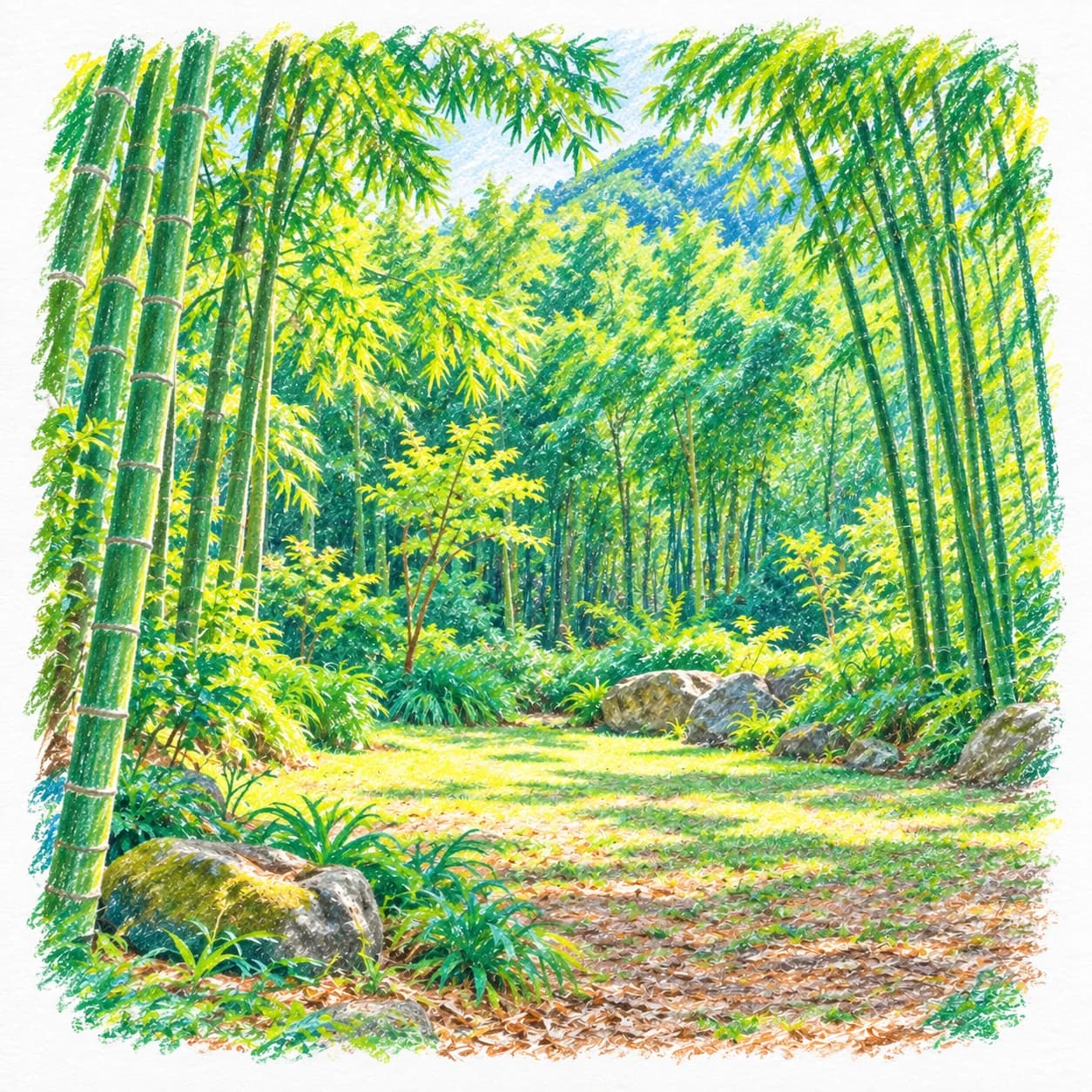 Modèle colorié: Coloriage d'une forêt de bambous : clairière ensoleillée