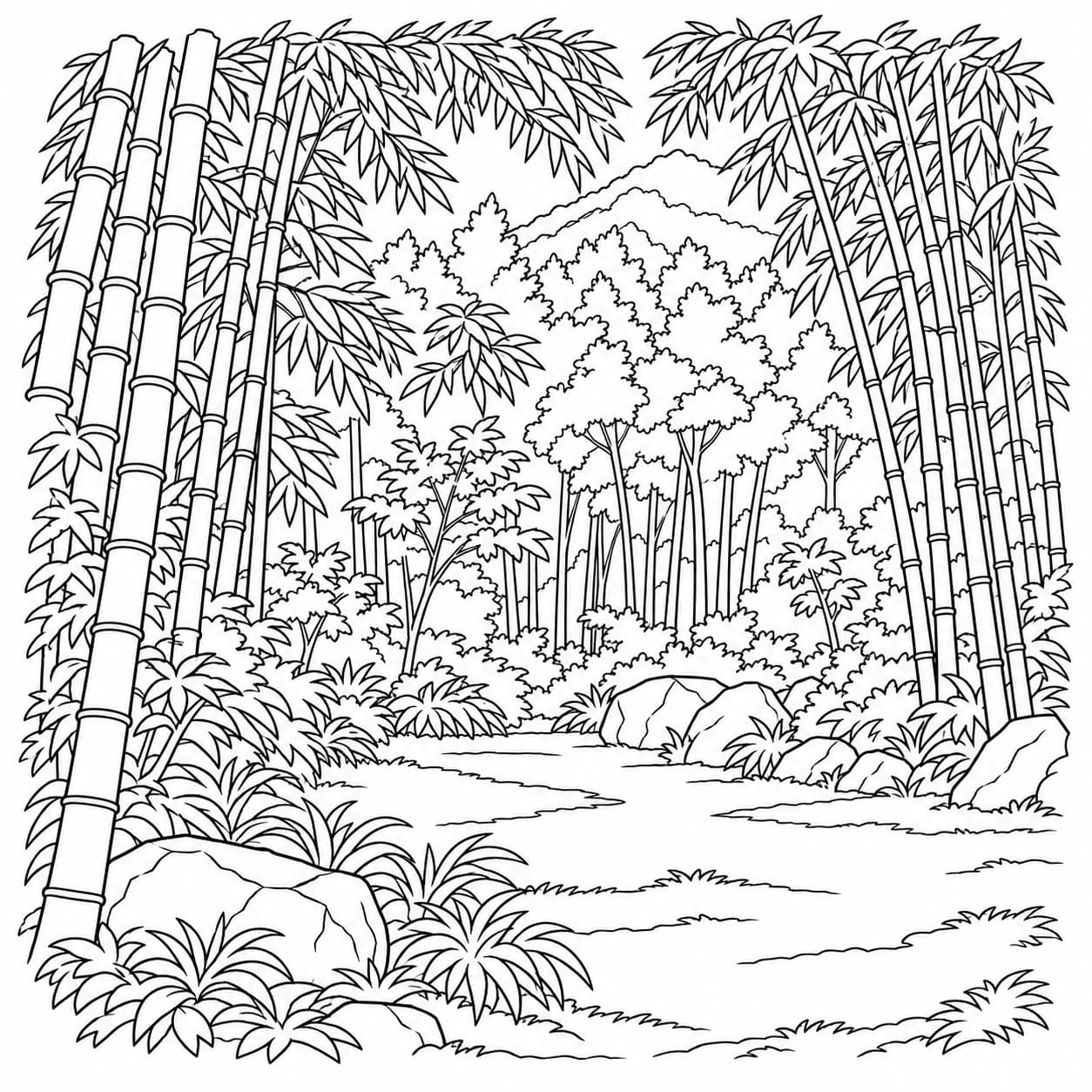 Coloriage: Coloriage d'une forêt de bambous : clairière ensoleillée