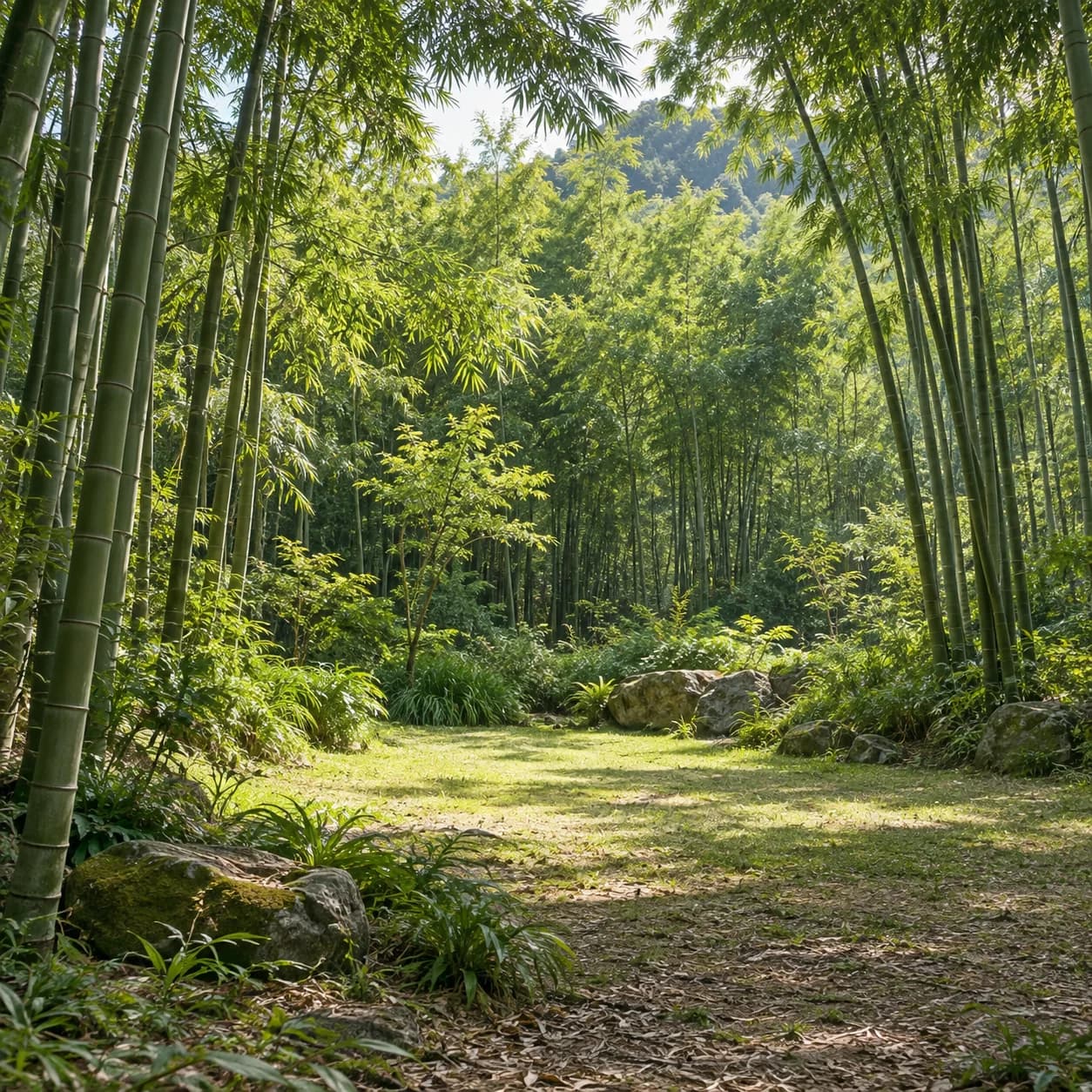 Photo réaliste: Coloriage d'une forêt de bambous : clairière ensoleillée