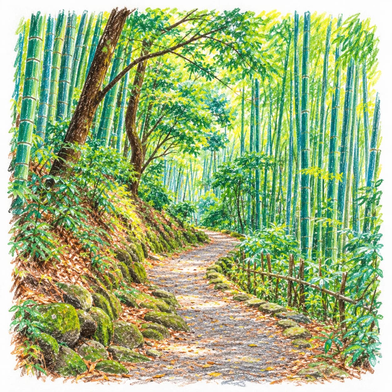 Modèle colorié: Coloriage d'une forêt de bambous : sentier sinueux