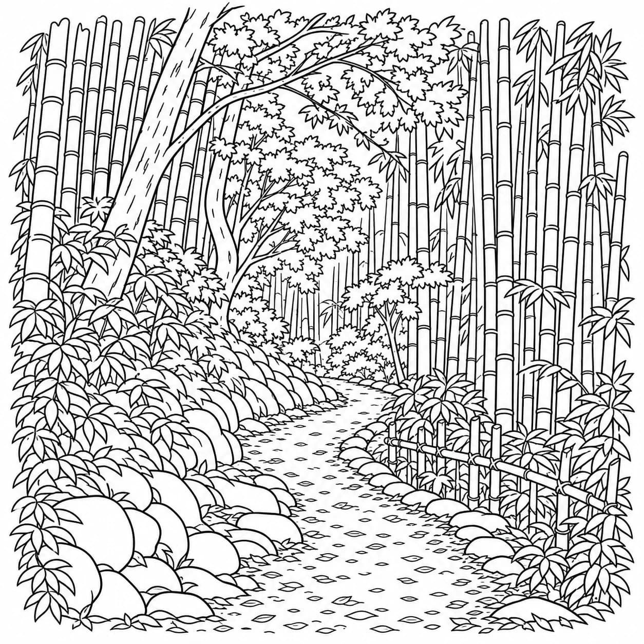 Coloring: Bamboo forest winding trail coloring page