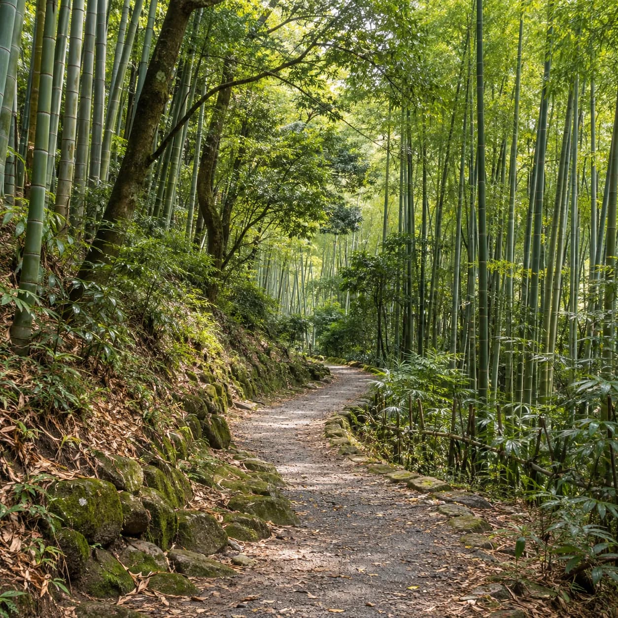 Photo réaliste: Coloriage d'une forêt de bambous : sentier sinueux