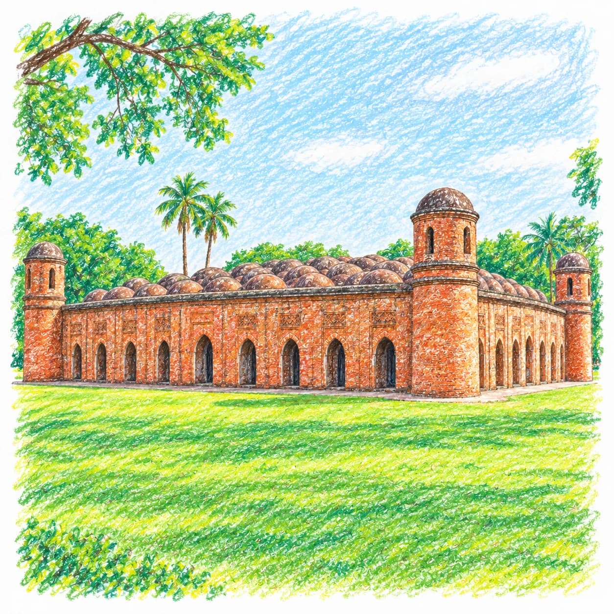 Modèle colorié: Coloriage du Bangladesh : mosquée de brique à coupoles