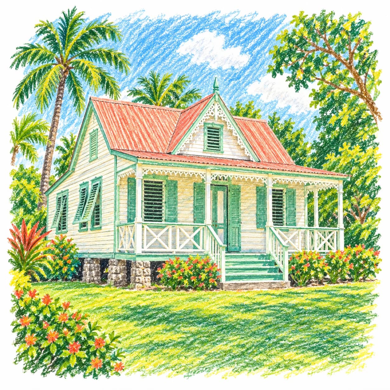 Modèle colorié: Coloriage de la Barbade : maisonnette au toit rouge