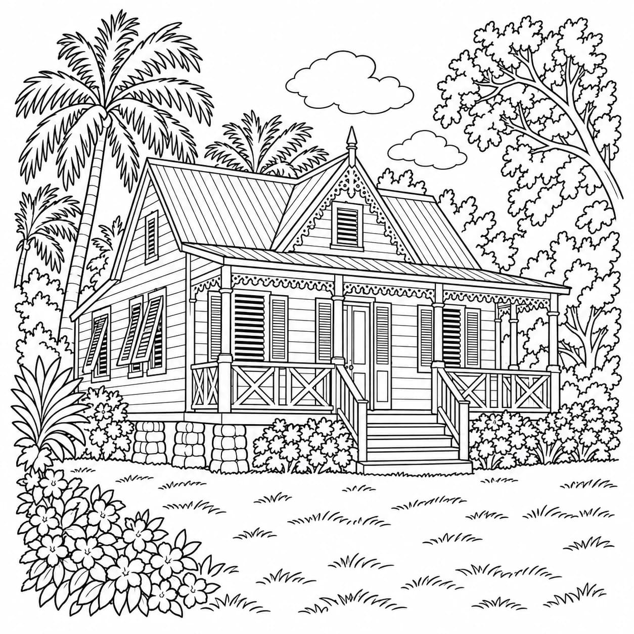 Coloriage: Coloriage de la Barbade : maisonnette au toit rouge