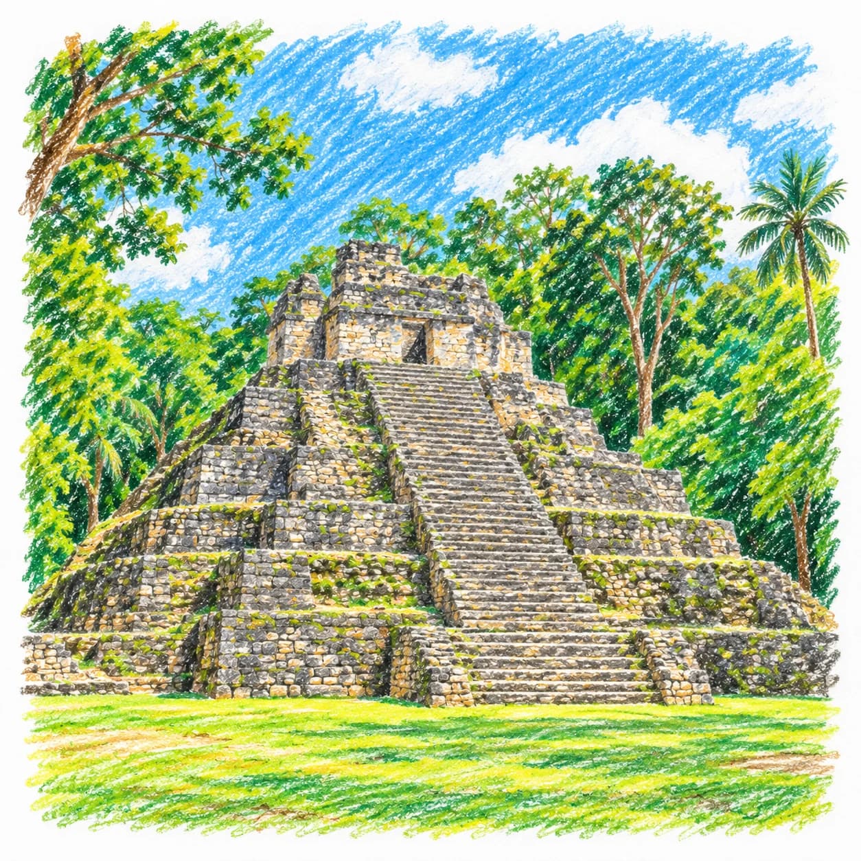 Modèle colorié: Coloriage du Belize : pyramide maya dans la jungle