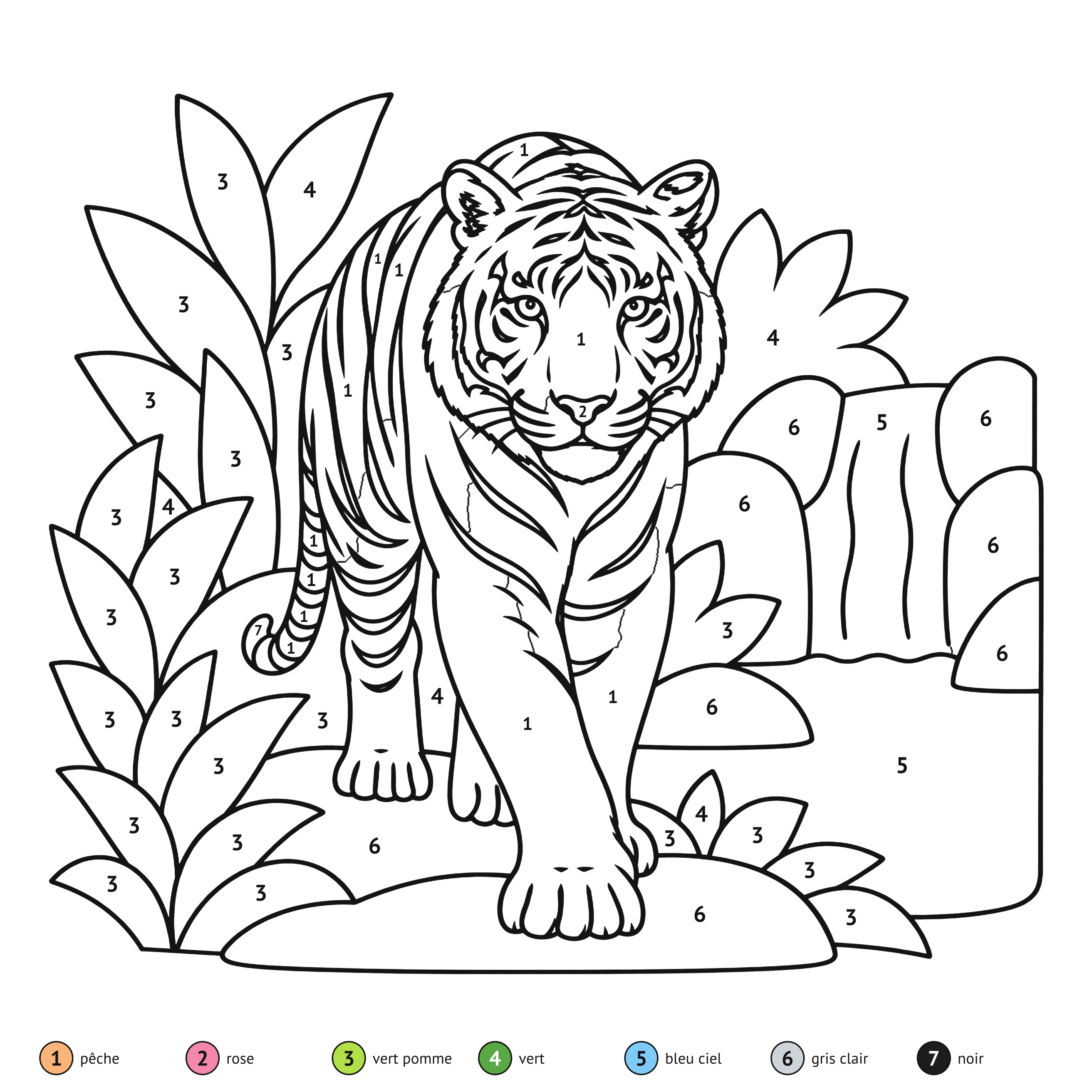 Au numéro: Tigre du Bengale : coloriage au numéro à imprimer