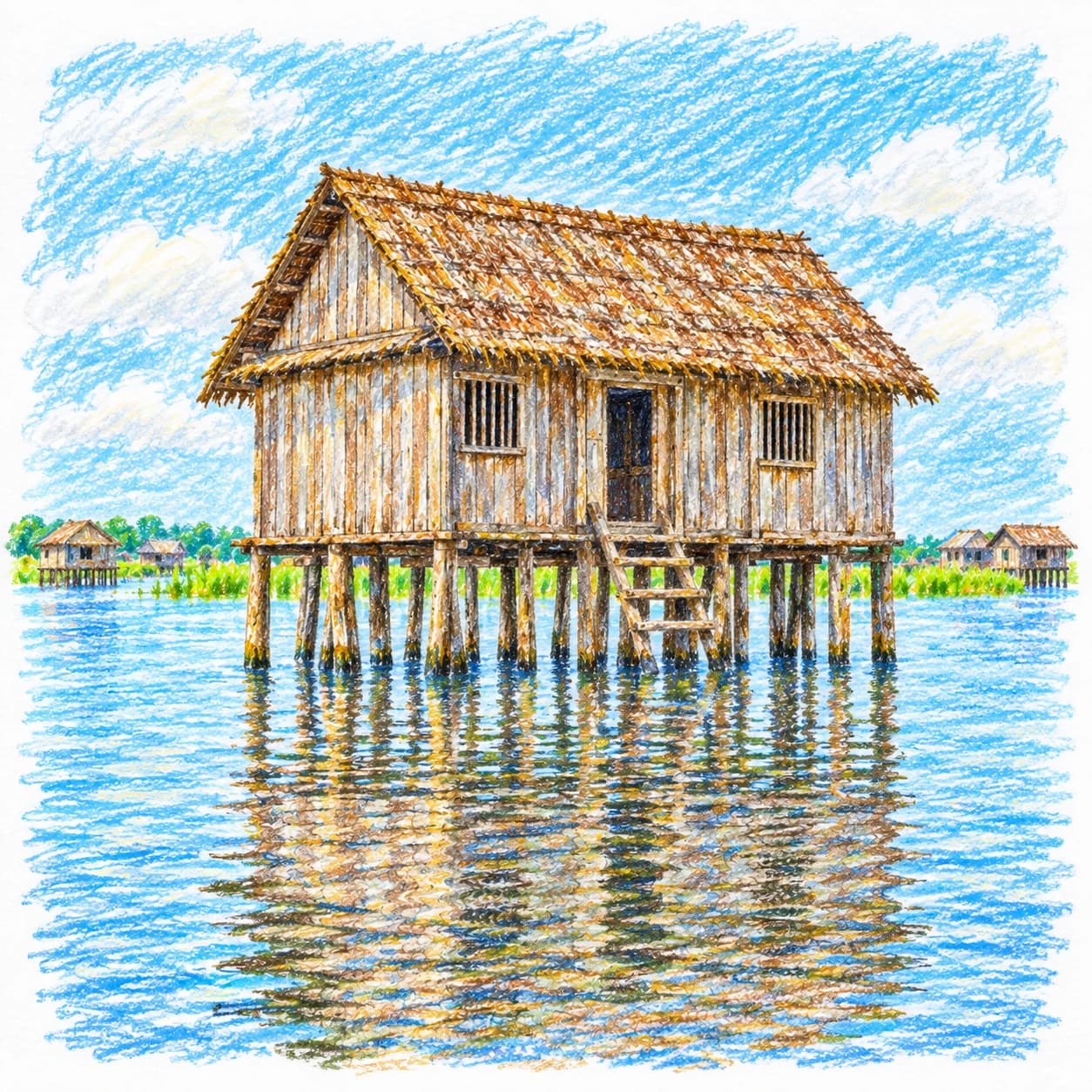 Modèle colorié: Coloriage du Bénin : maison sur pilotis