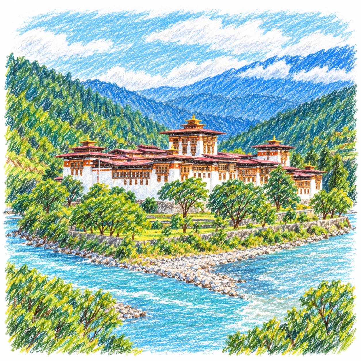 Modèle colorié: Coloriage du Bhoutan : dzong au bord de la rivière