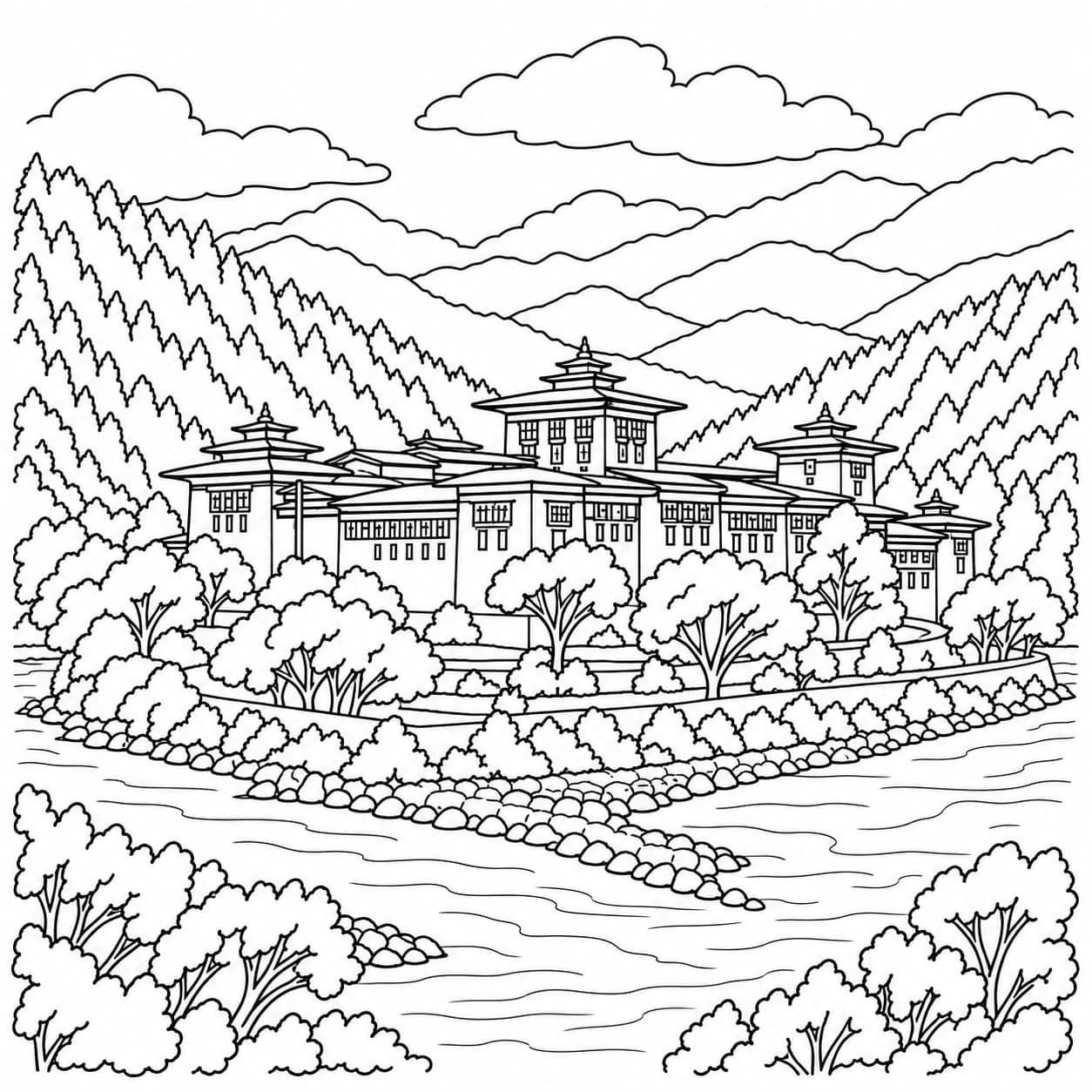 Coloring: Bhutan coloring page: dzong by the river