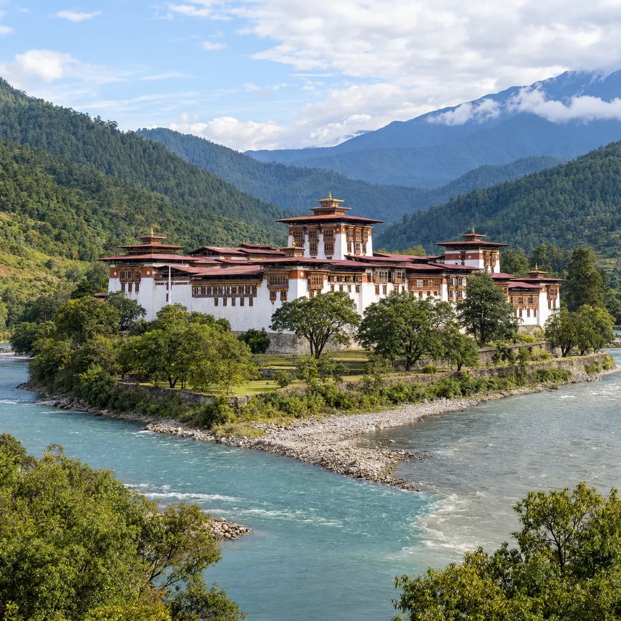 Realistic source: Bhutan coloring page: dzong by the river