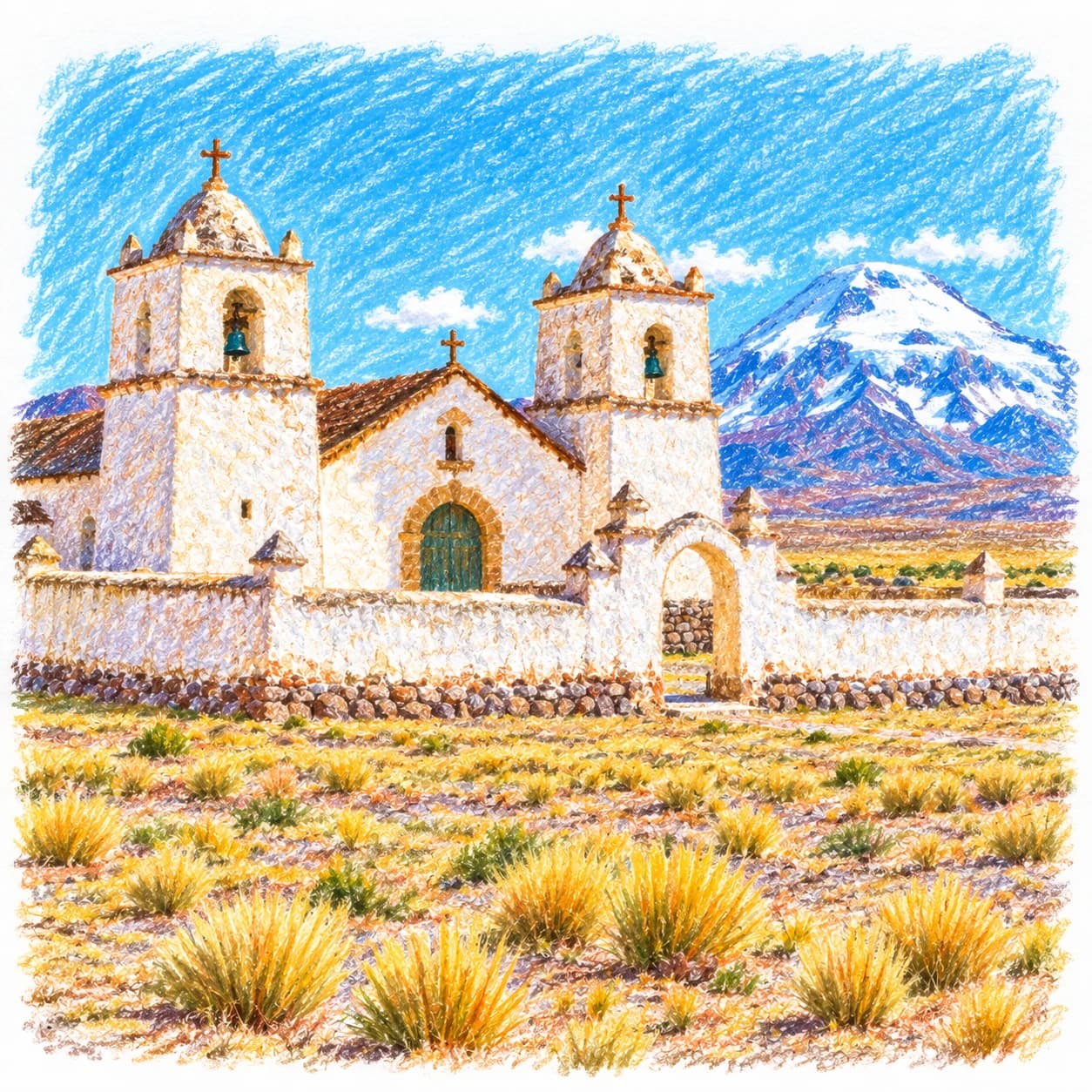 Colored model: Bolivia coloring page: adobe church and snowy peak