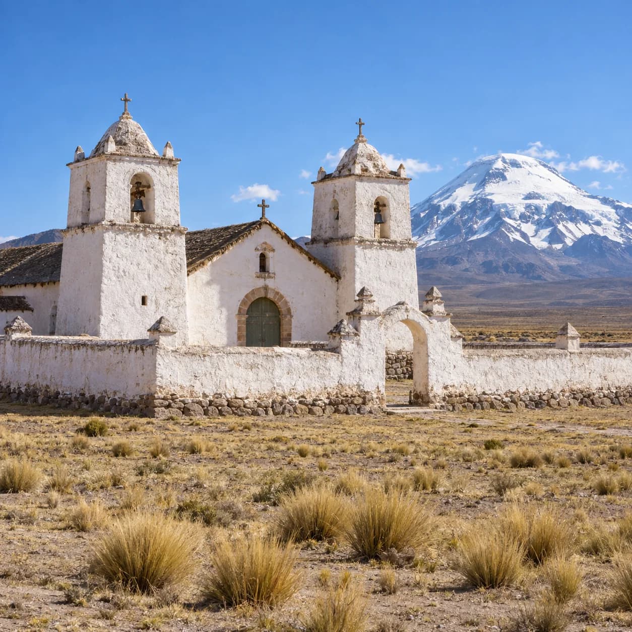 Realistic source: Bolivia coloring page: adobe church and snowy peak