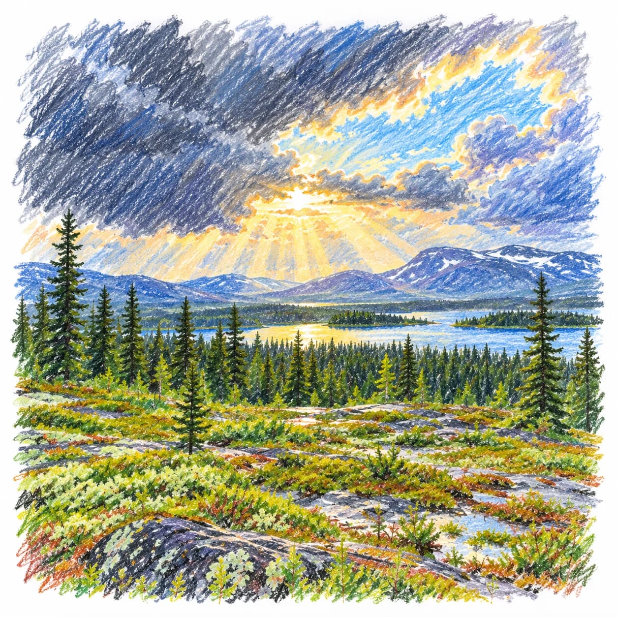 Modèle colorié: Coloriage de la taïga boréale : éclaircie après l'orage