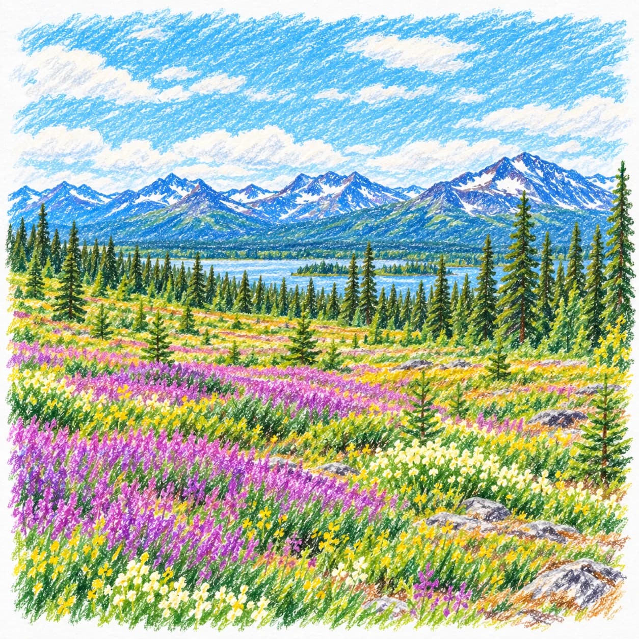 Modèle colorié: Coloriage de la taïga boréale : fleurs de saison