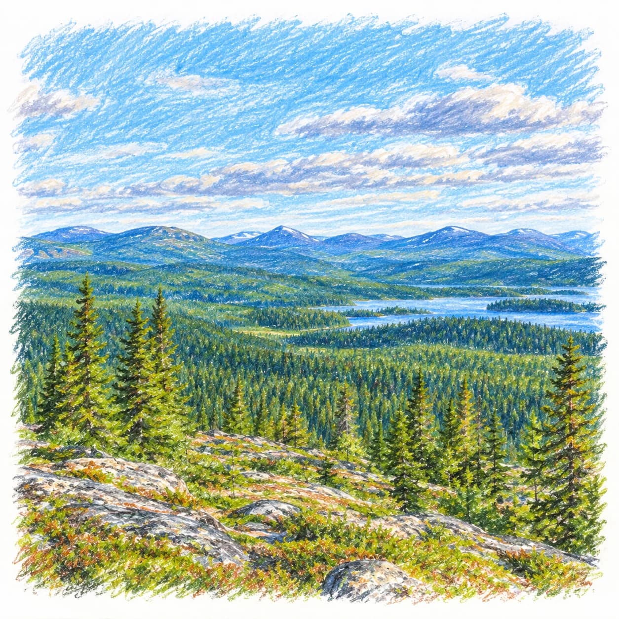 Colored model: Boreal taiga wide panorama coloring page