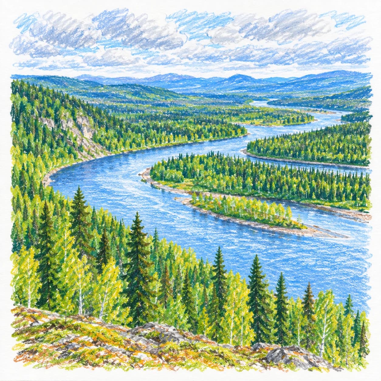 Colored model: Boreal taiga winding river coloring page