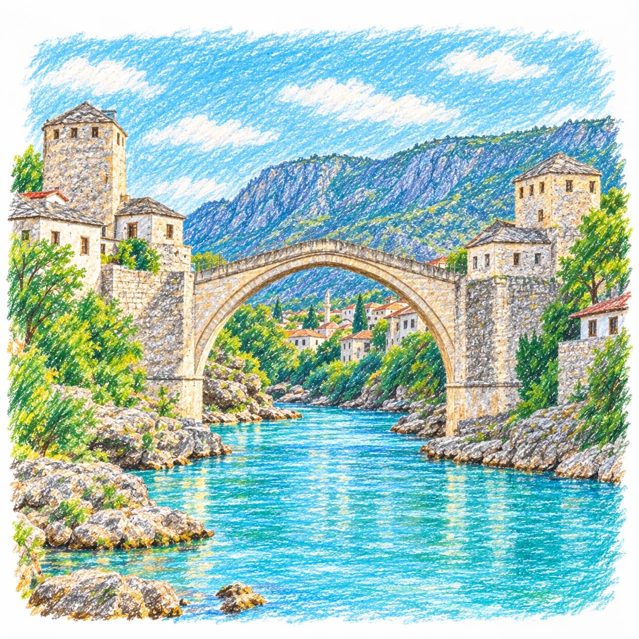 Modèle colorié: Coloriage de la Bosnie-Herzégovine : pont de Mostar