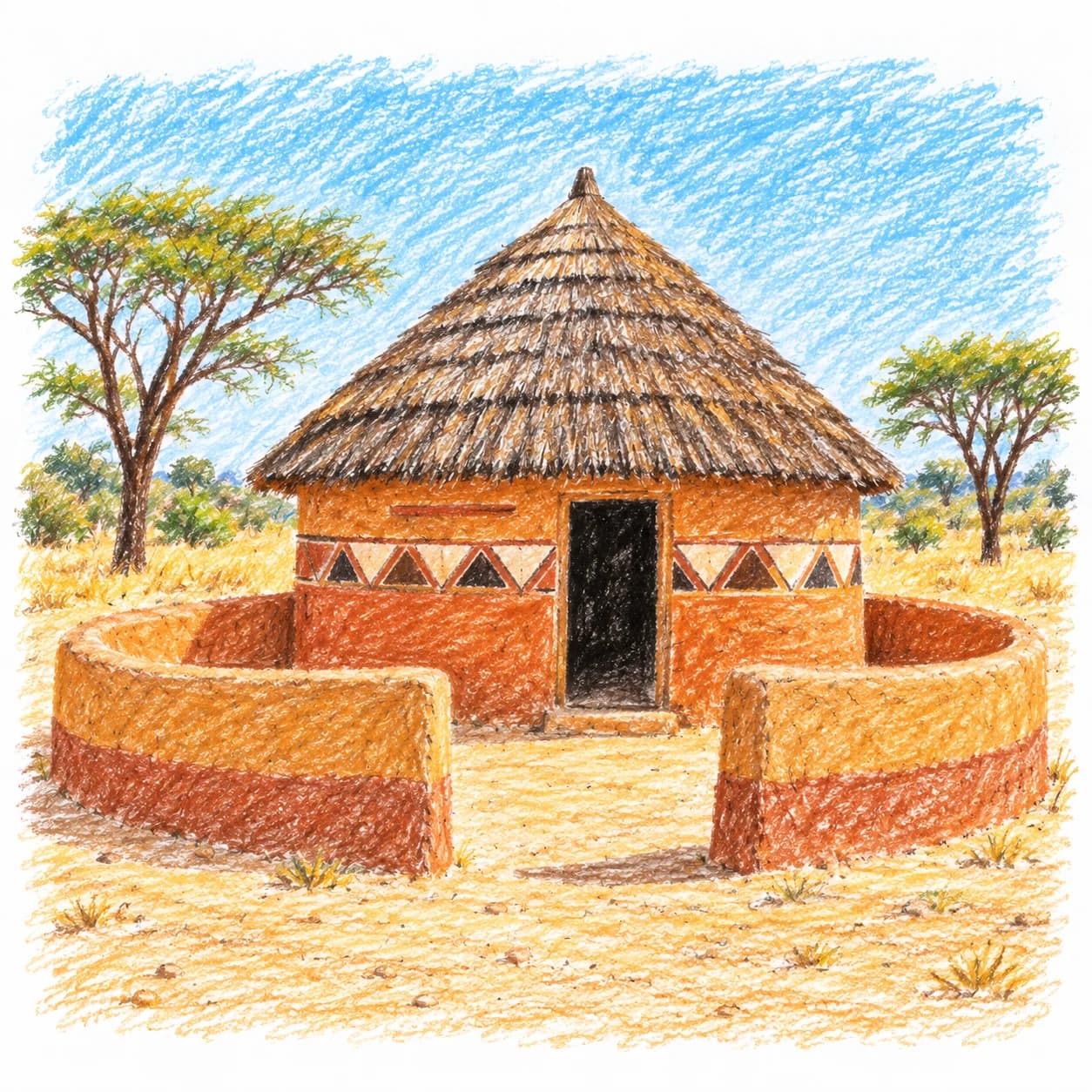 Modèle colorié: Coloriage du Botswana : case ronde peinte