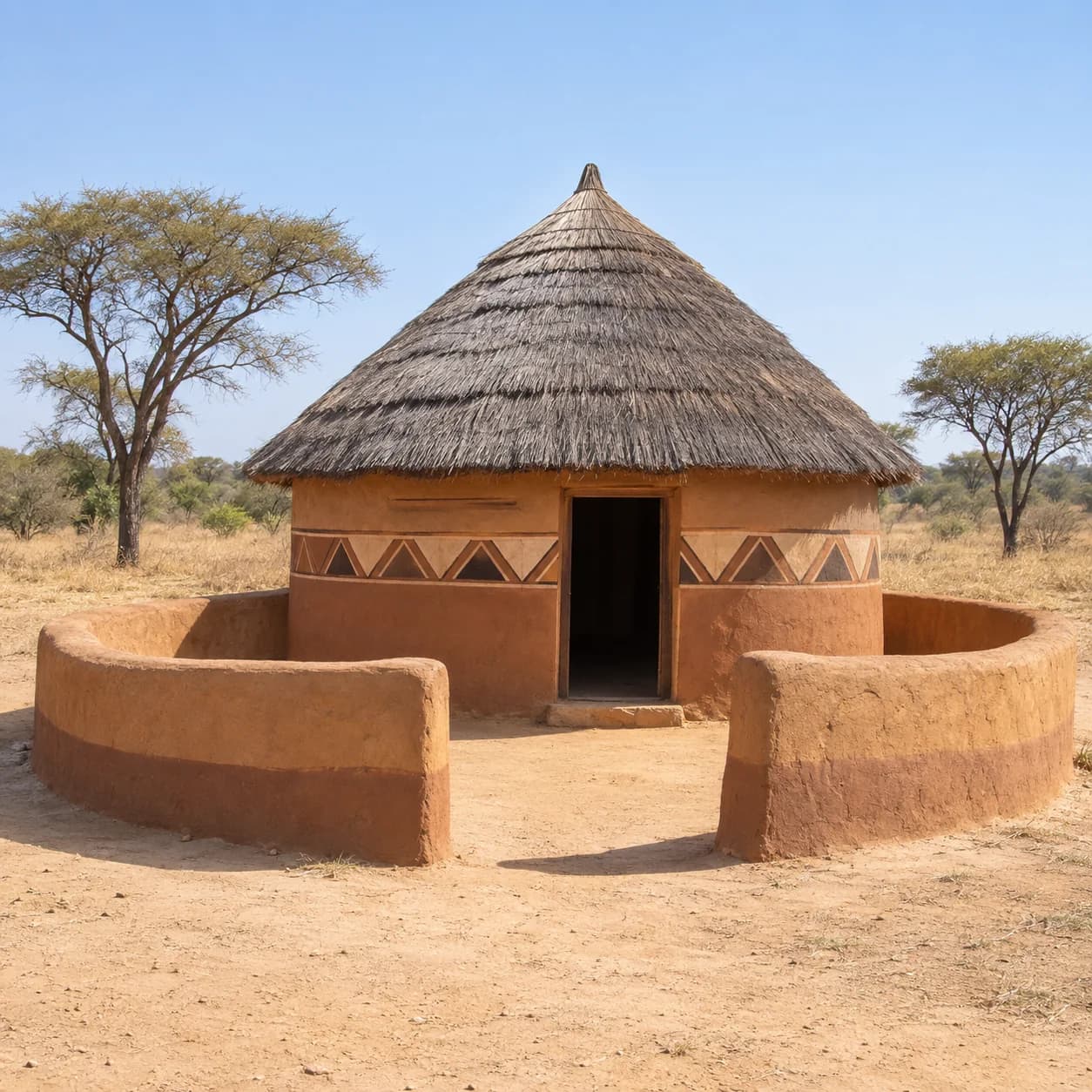 Photo réaliste: Coloriage du Botswana : case ronde peinte
