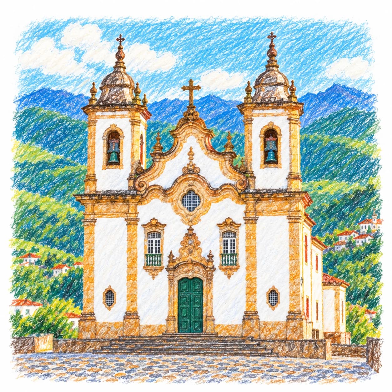 Modèle colorié: Coloriage du Brésil : église baroque et collines