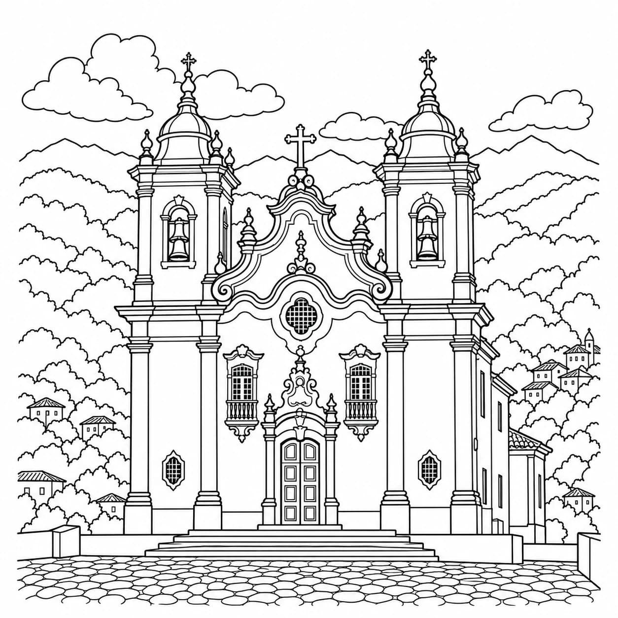 Coloring: Brazil coloring page: baroque church in the hills