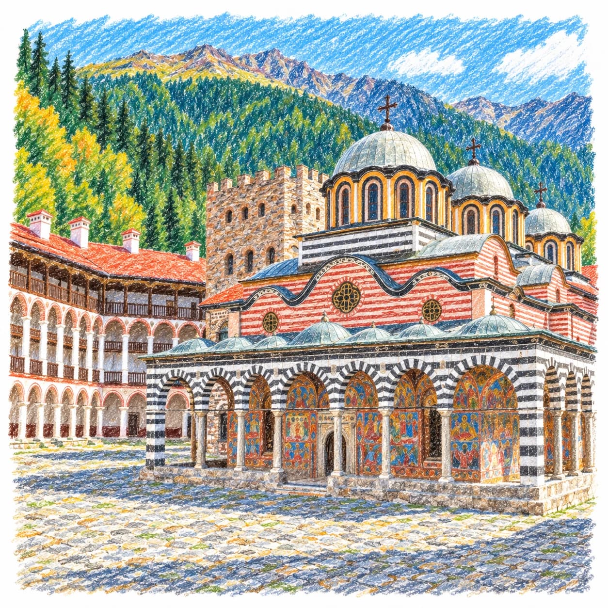 Modèle colorié: Coloriage de la Bulgarie : monastère de montagne