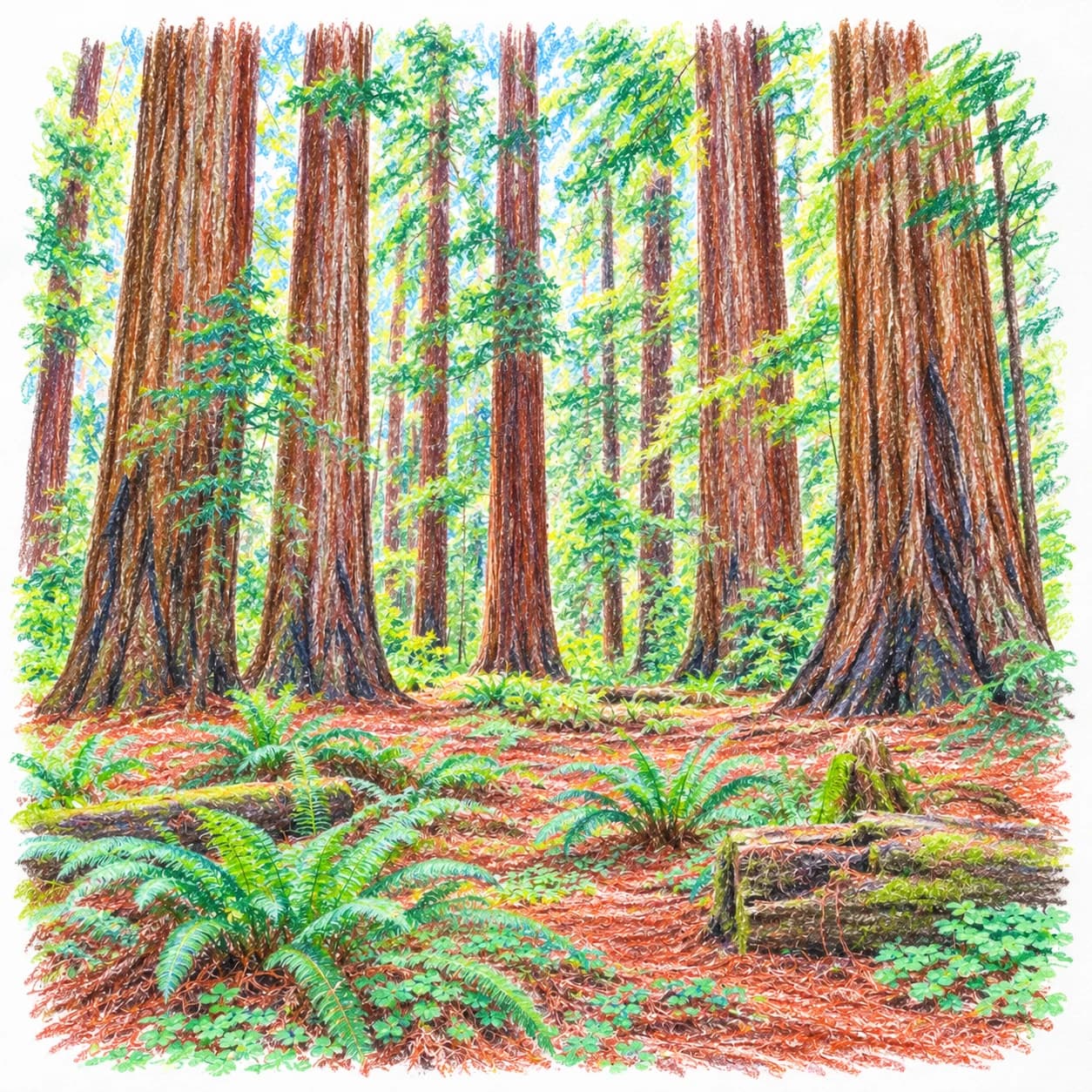 Modèle colorié: Coloriage d'une forêt de séquoias de Californie : clairière ancienne