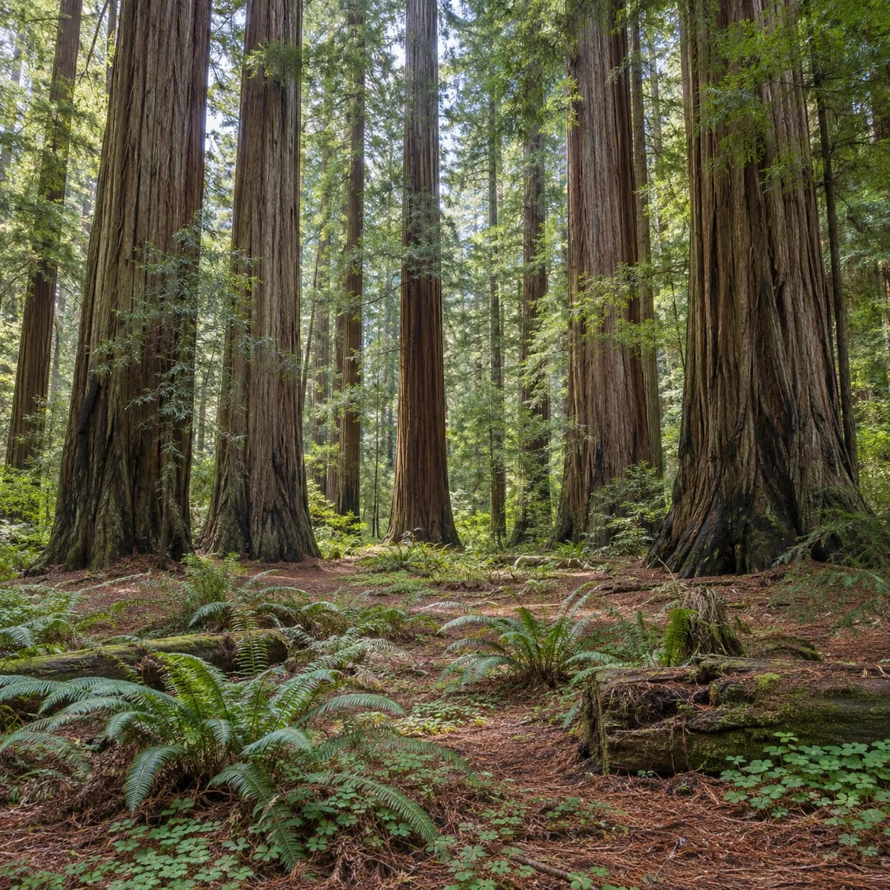 Photo réaliste: Coloriage d'une forêt de séquoias de Californie : clairière ancienne