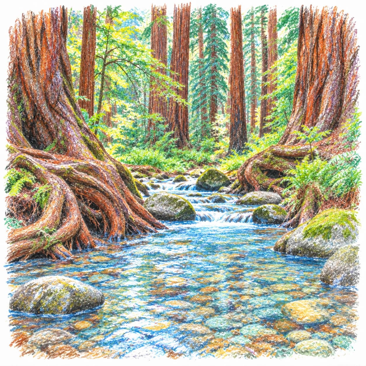 Modèle colorié: Coloriage d'une forêt de séquoias de Californie : ruisseau limpide