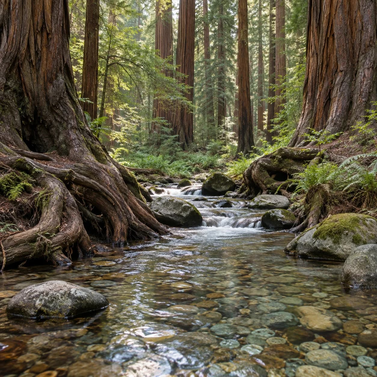 Realistic source: California redwood forest clear stream coloring page