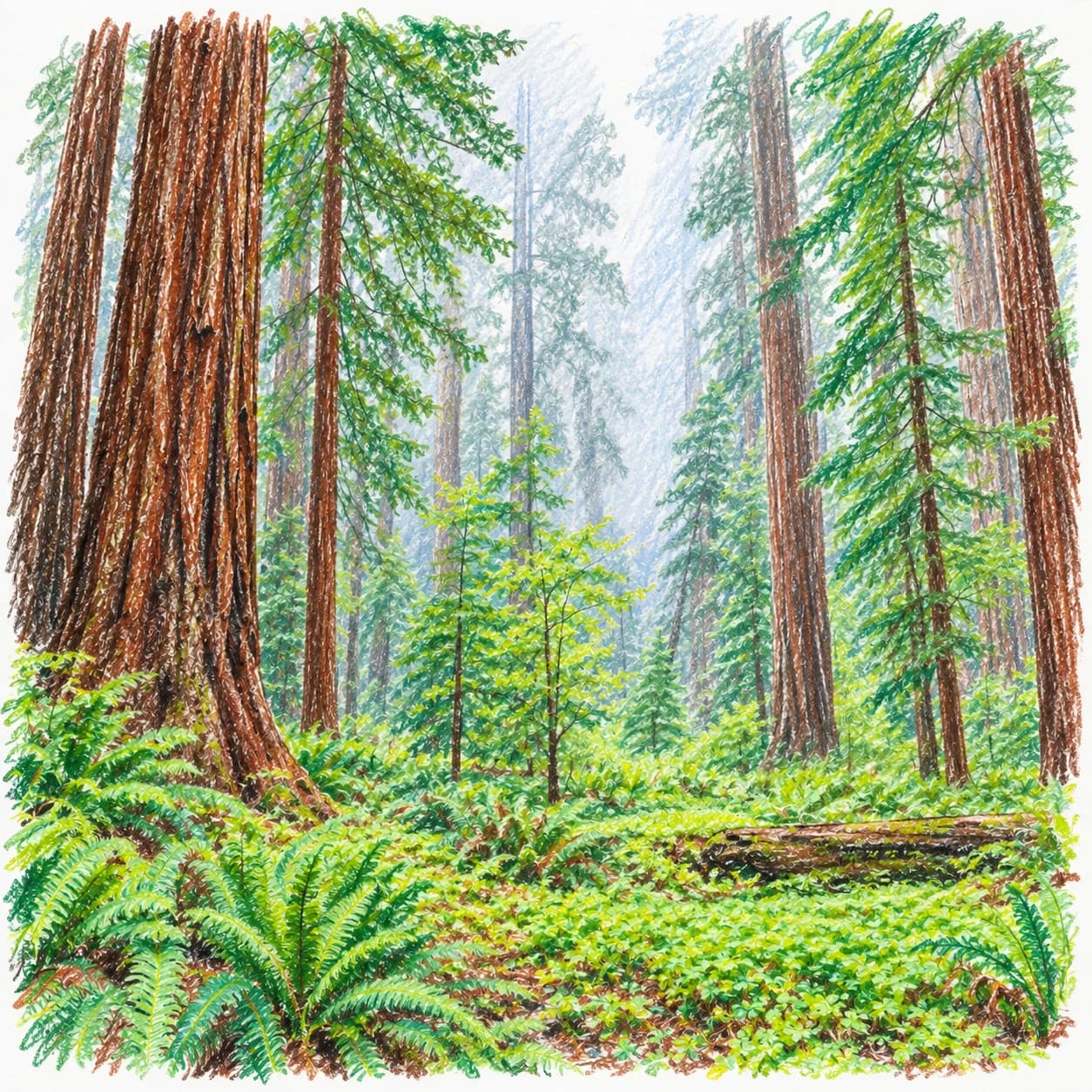 Modèle colorié: Coloriage d'une forêt de séquoias de Californie : canopée brumeuse