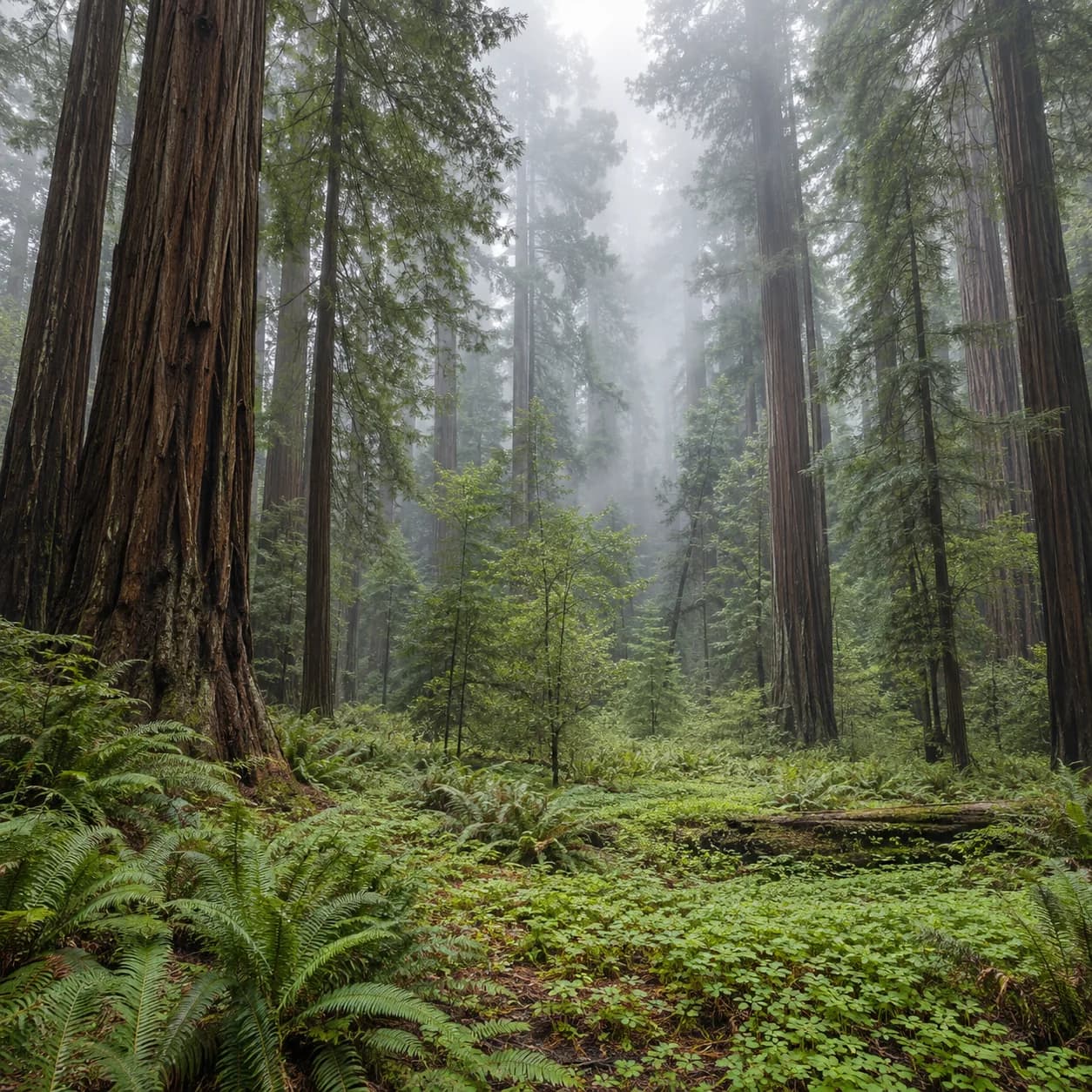 Photo réaliste: Coloriage d'une forêt de séquoias de Californie : canopée brumeuse