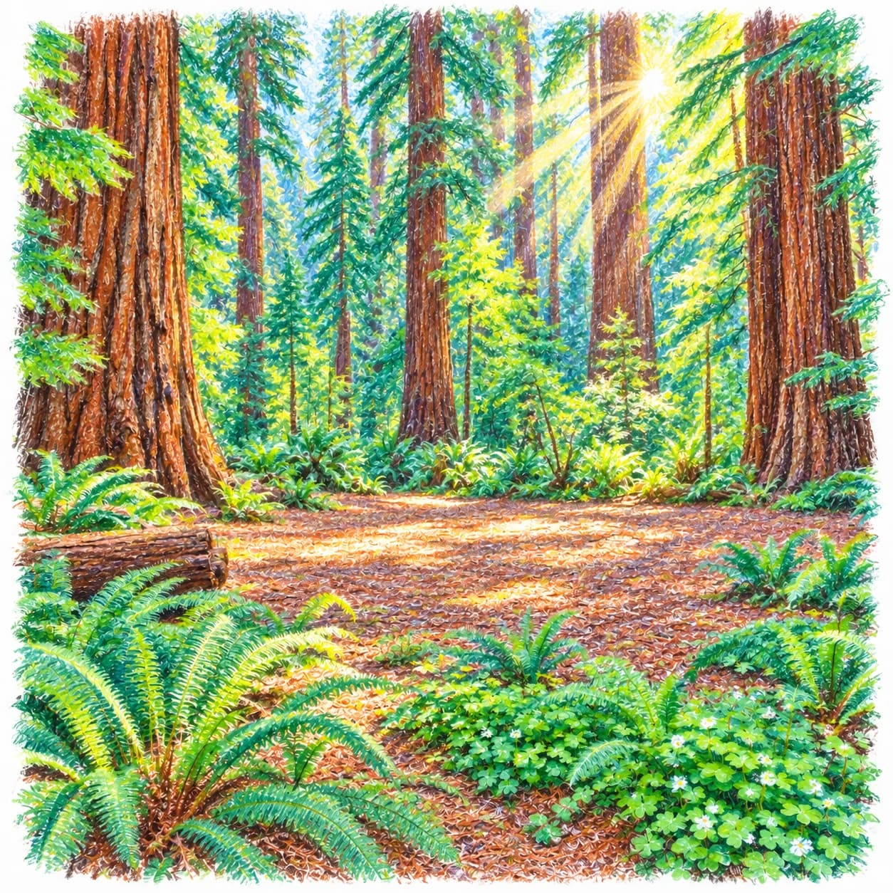 Modèle colorié: Coloriage d'une forêt de séquoias de Californie : clairière ensoleillée