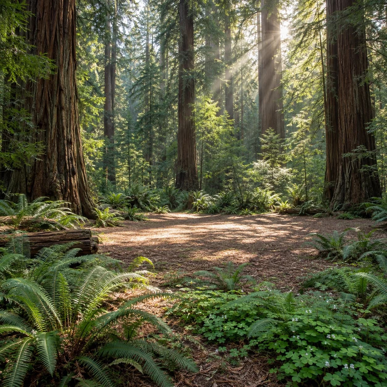 Photo réaliste: Coloriage d'une forêt de séquoias de Californie : clairière ensoleillée