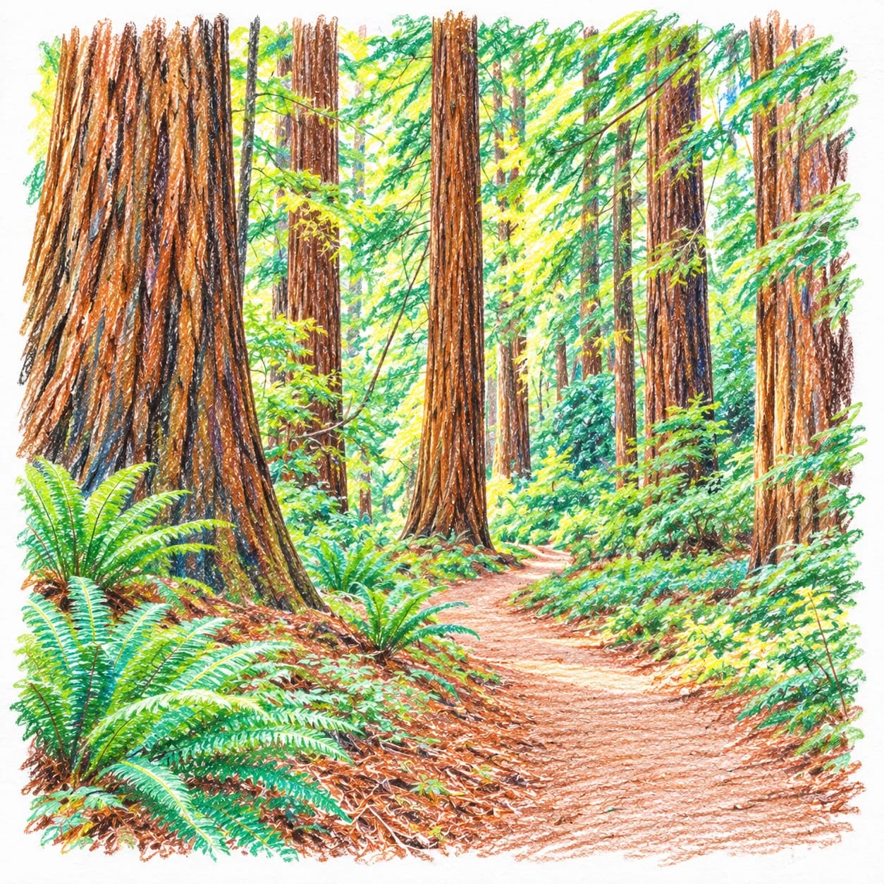 Modèle colorié: Coloriage d'une forêt de séquoias de Californie : sentier sinueux