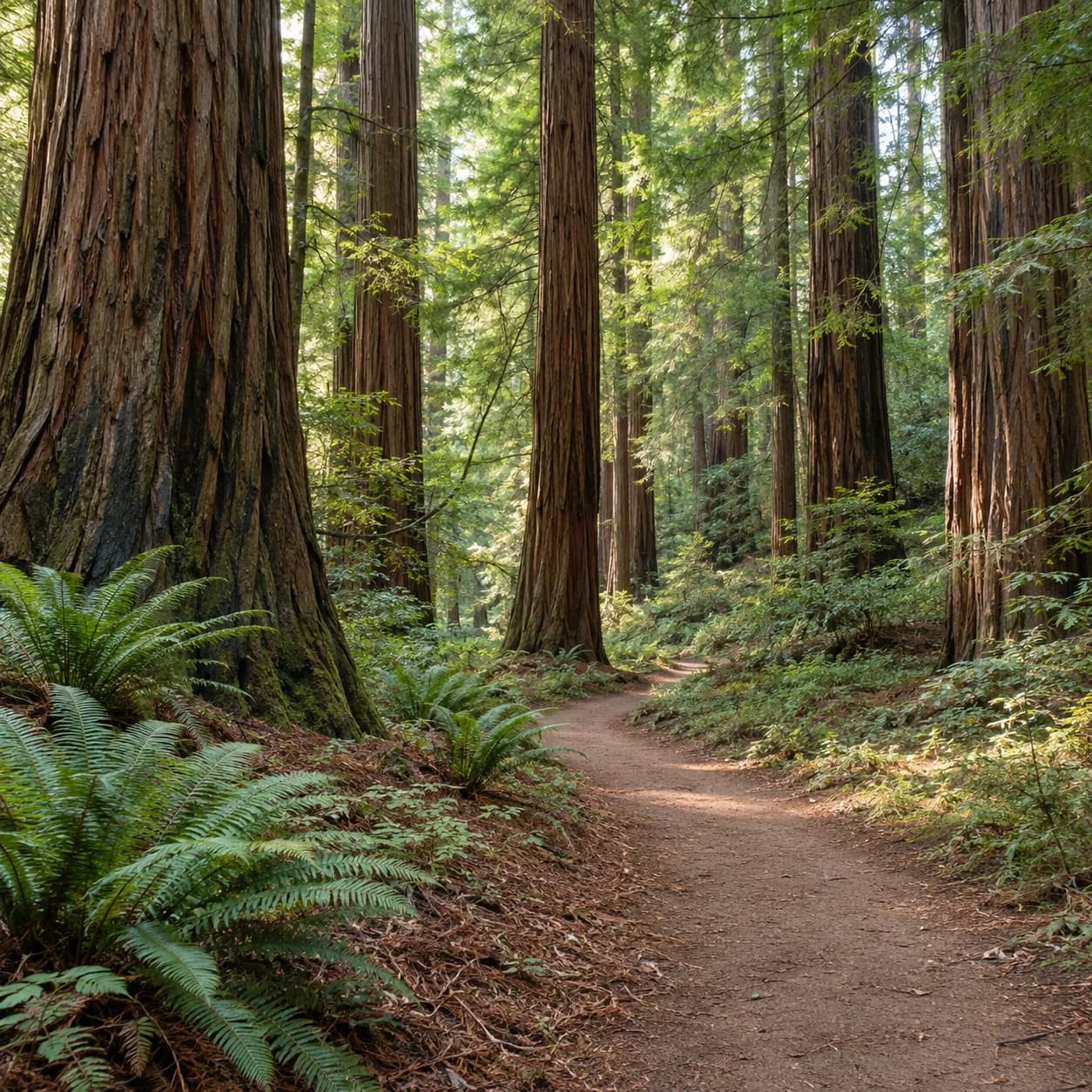 Photo réaliste: Coloriage d'une forêt de séquoias de Californie : sentier sinueux